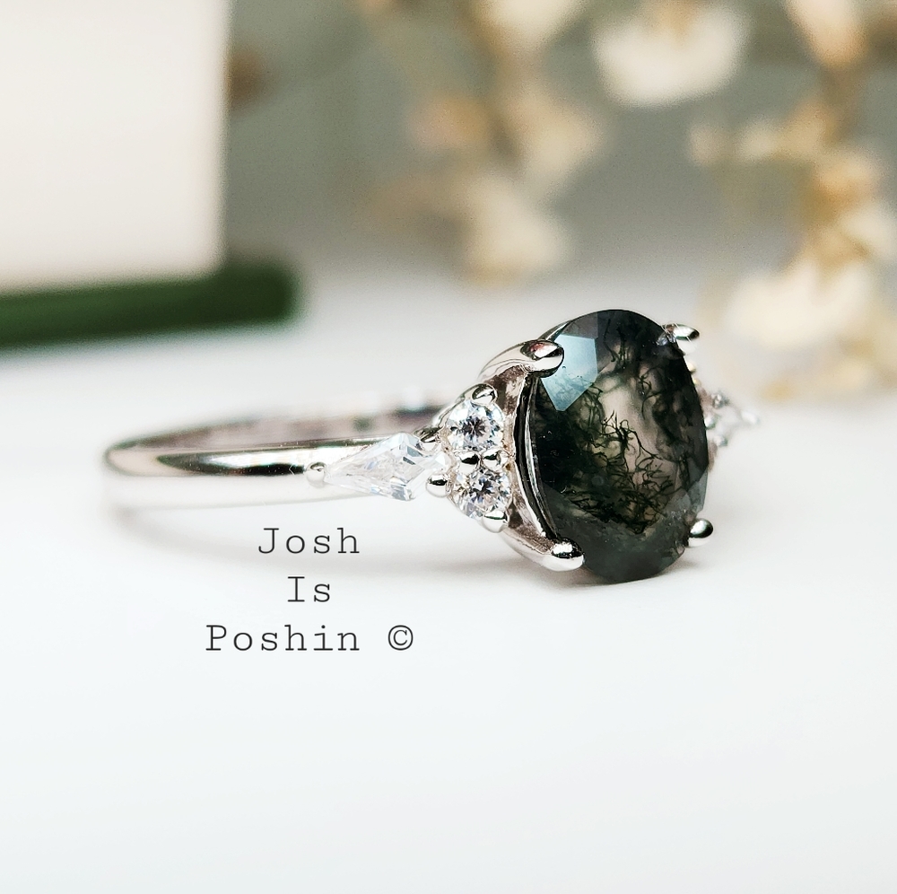 Oval Natural Moss Agate diamond cocktail ring in sterling silver